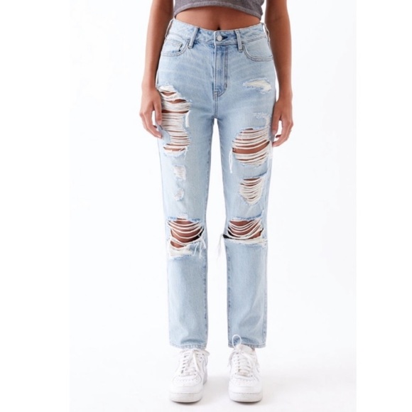 PACSUN New Distressed Mom Jeans High Rise Light Blue Wash Ripped Size 26 - Picture 14 of 16